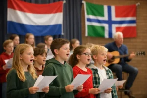 Leerlingen van obs Brunwerd zingen het Gronings volkslied tijdens Dialectmaand