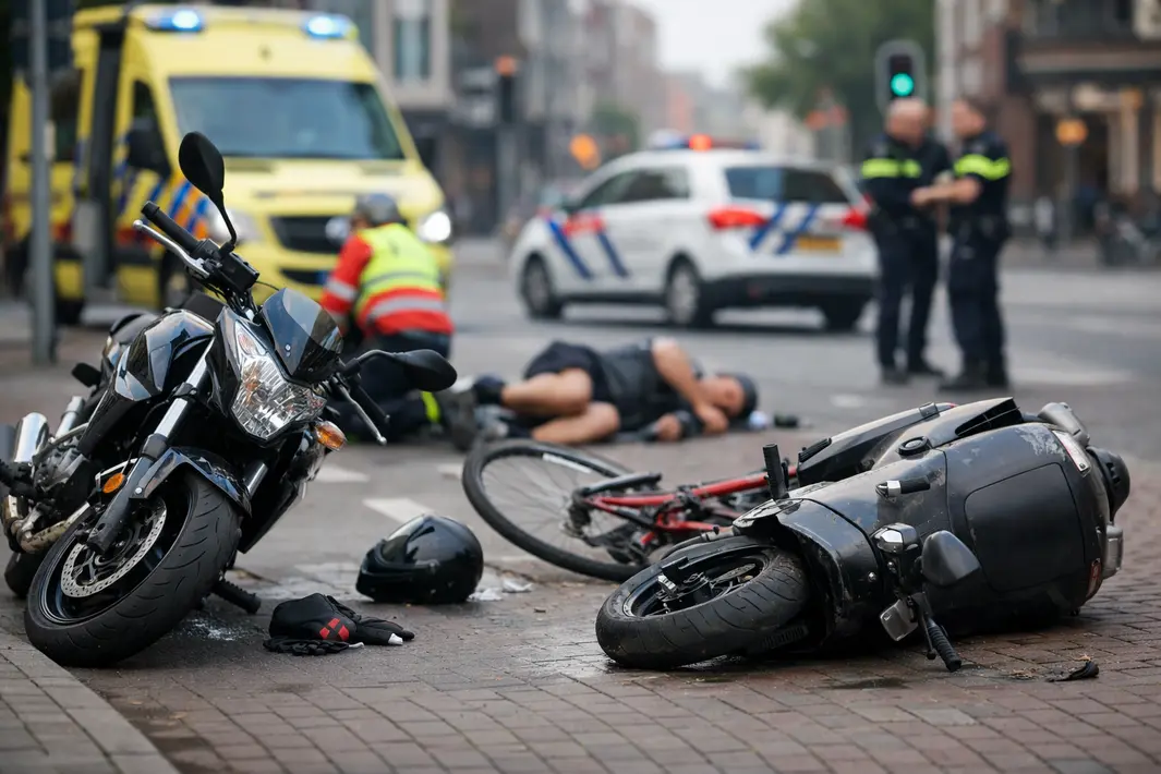 Motorrijder en fietser raken gewond bij botsing; scooterrijder valt in stadsgebied