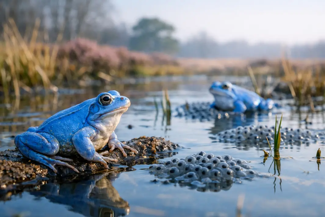 Blauwe kleur van de heikikker valt op in het voorjaar