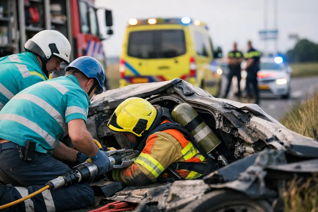 Hulpverlener raakt bekneld tijdens reddingsactie aan de weg
