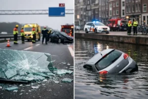 Ongevallen op A7 en in Stad: glasplaat breekt en auto te water