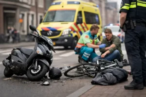 Scooter en fietser botsen in stad, één lichtgewonde