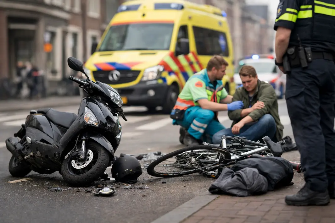 Scooter en fietser botsen in stad, één lichtgewonde