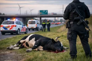 Stier Doodgeschoten na Loslopen Langs Ringweg