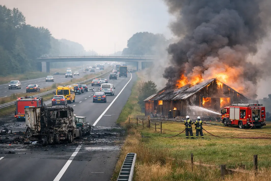 Verkeer hervat na vrachtwagenbrand op de A28 en brand in schuur Warffum