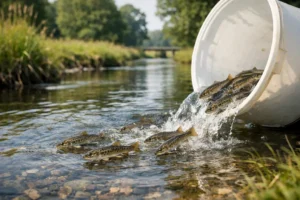 Vijfhonderd jonge zeeforellen uitgezet in het Lieversche Diep