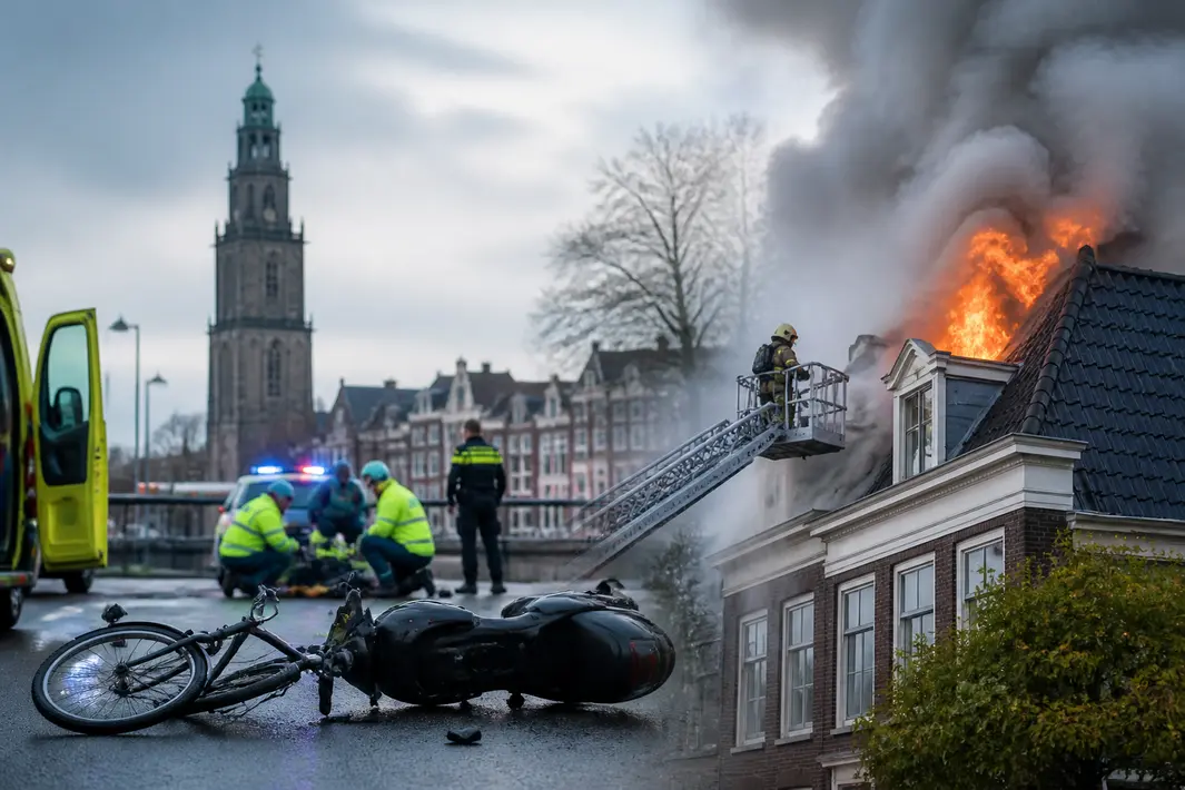 Ongeval tussen fietser en scooterrijder en woningbrand in Groningen