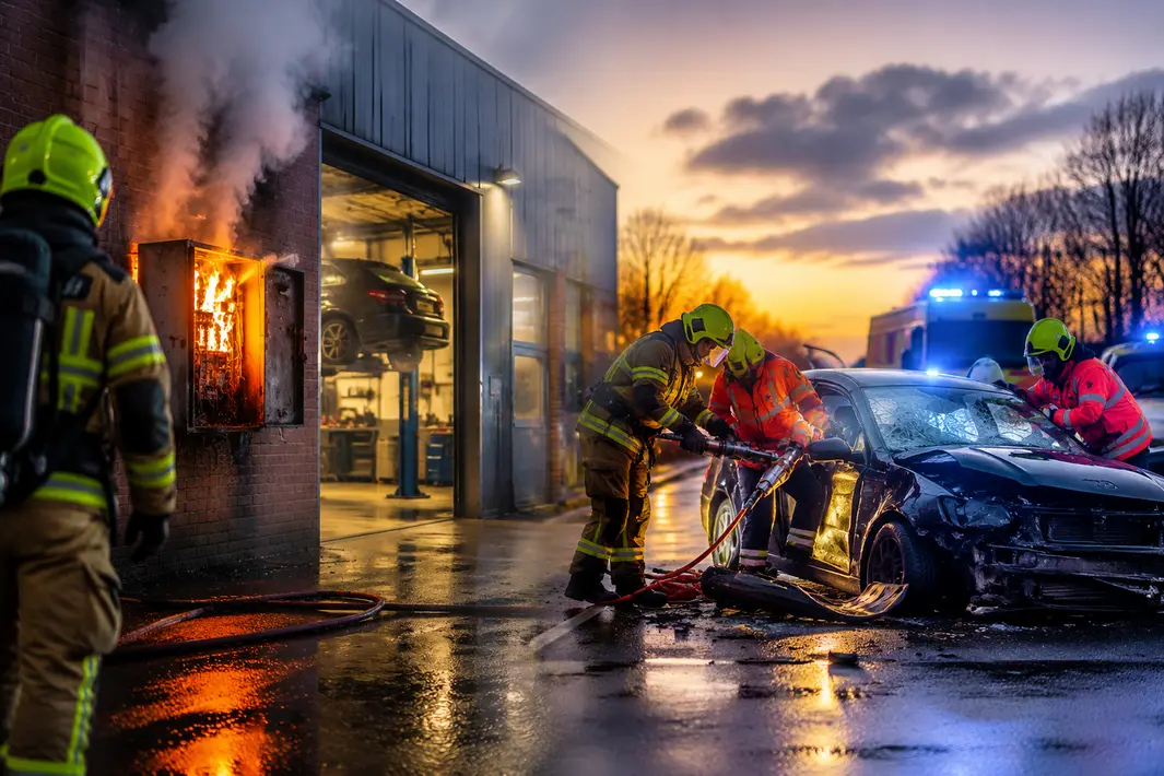 Gewonde na brand in meterkast bij garagebedrijf en langdurig beknelde bestuurder na ongeluk