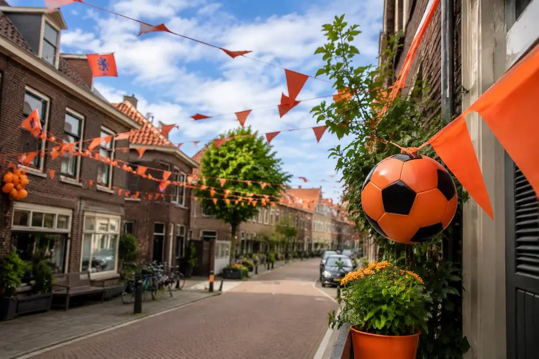 Oranje versieringen verbinden buurten tijdens WK voetbal